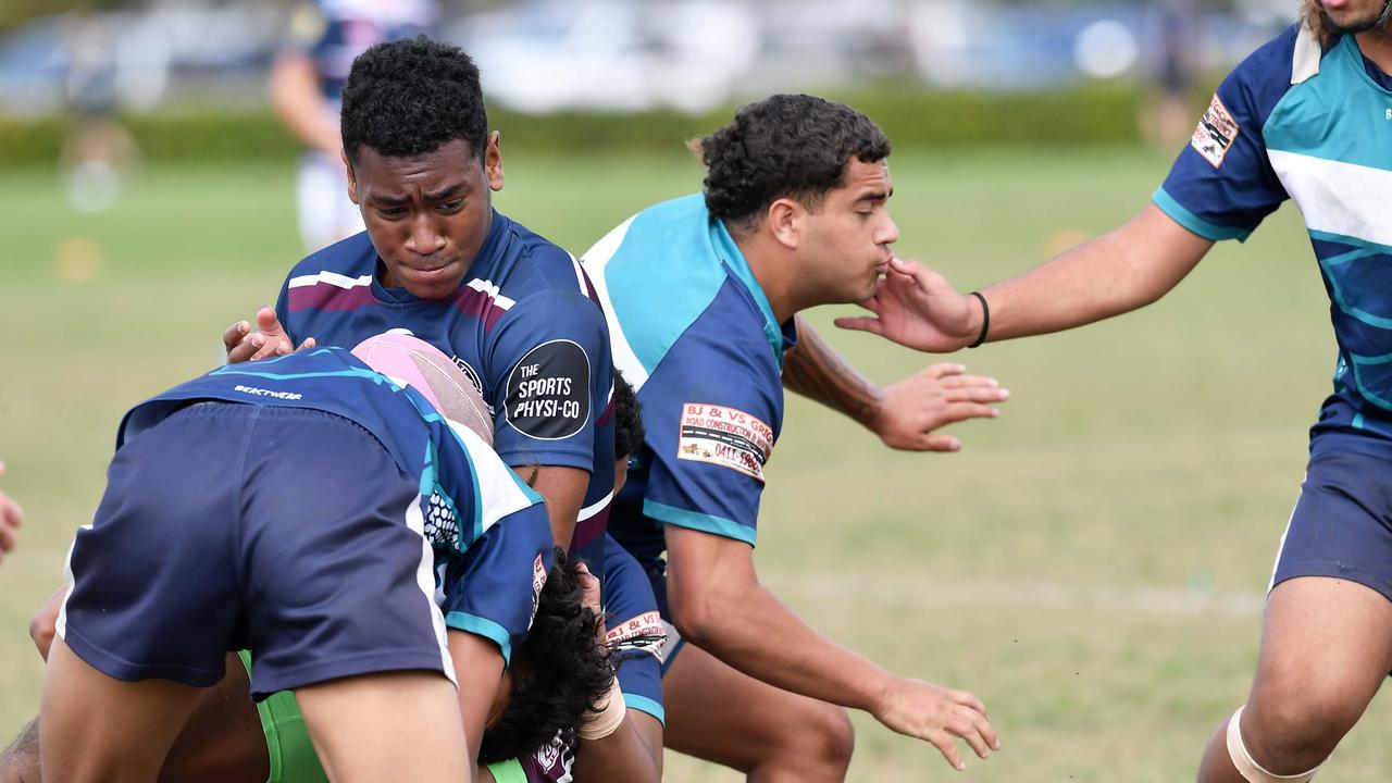 RUGBY LEAGUE: Justin Hodges and Chris Flannery 9s Gala Day. Mountain Creek State High (white shorts) V Morayfield State High, year 10. Creek's Fraser Cash on the burst. Picture: Patrick Woods.