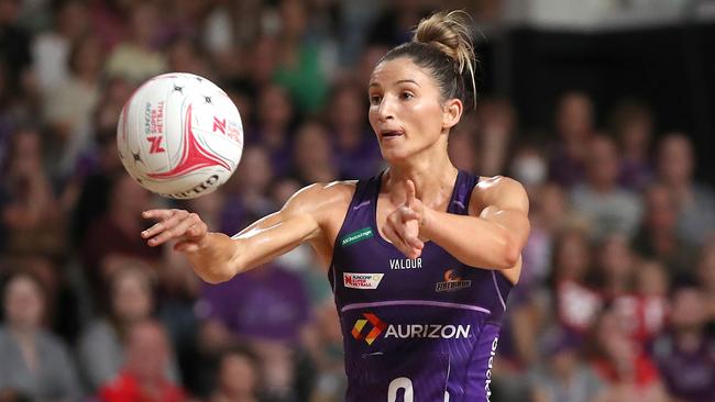 Kim Ravaillion of the Firebirds passes the ball during the round seven Super Netball match between Queensland Firebirds and NSW Swifts. Photo: Getty Images