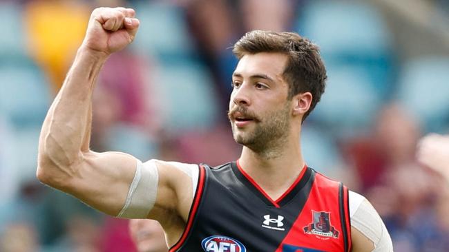 Kyle Langford celebrates one of his four goals. Picture: Russell Freeman/AFL Photos via Getty Images