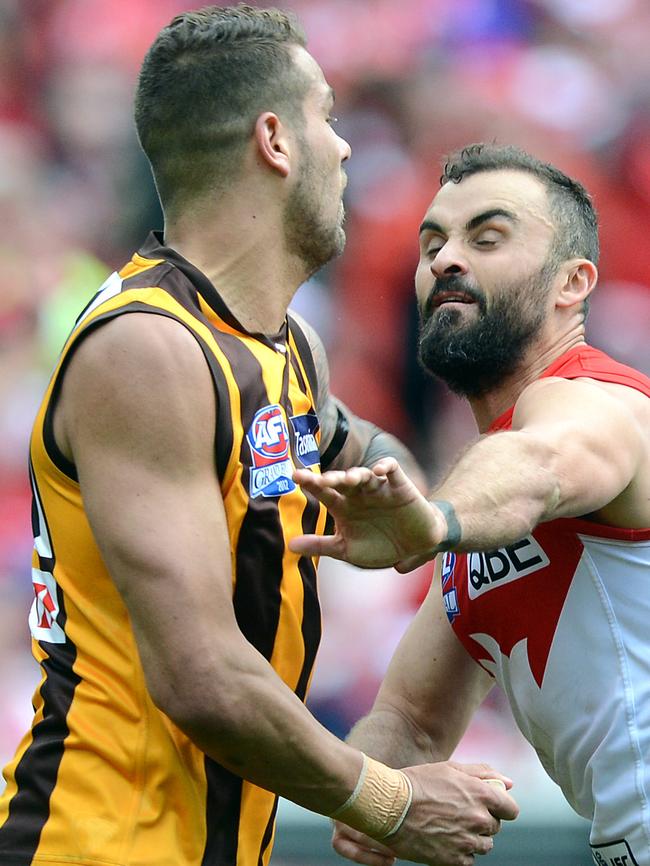 Swans defender Rhyce Shaw and Franklin clash in the 2012 decider.