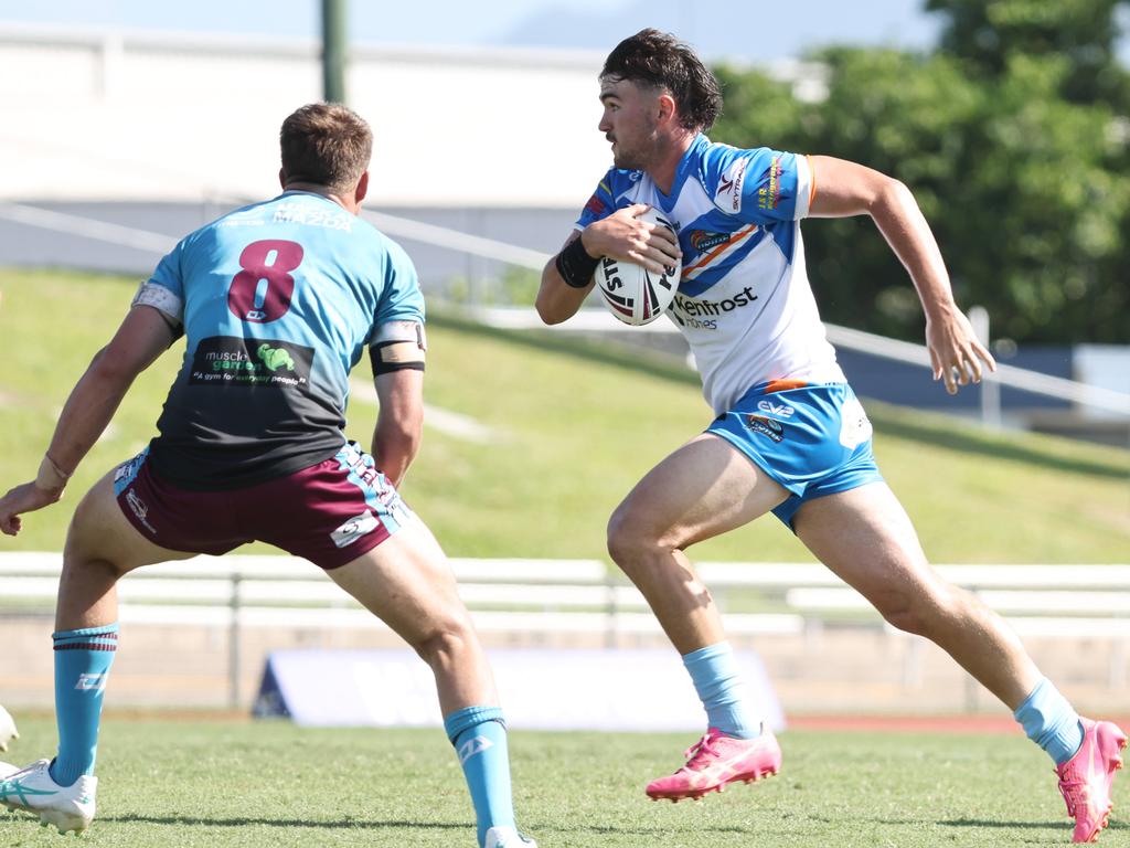 Ryan Johnson on the charge in the Queensland Rugby League (QRL) Under 19 Men's match between the Northern Pride and the Mackay Cutters, held at Barlow Park. Picture: Brendan Radke