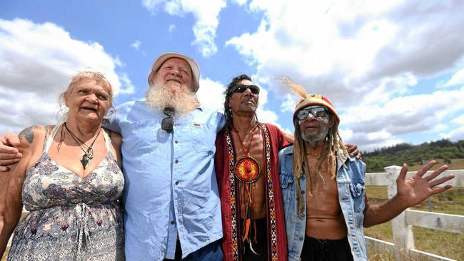 CONCERNED: Aunty Robine Kay, Bundjalung Elders Council chair Mickey Ryan, Lewis Walker and Robert Corowa protest the North Lismore Plateau development. Picture: Marc Stapelberg