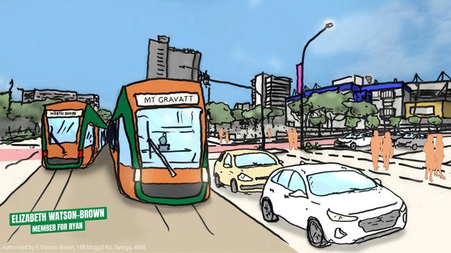 Artist impression images of a plan put forward by The Greens ahead of the Brisbane City Council election to bring trams back to Brisbane. Photo: Supplied.