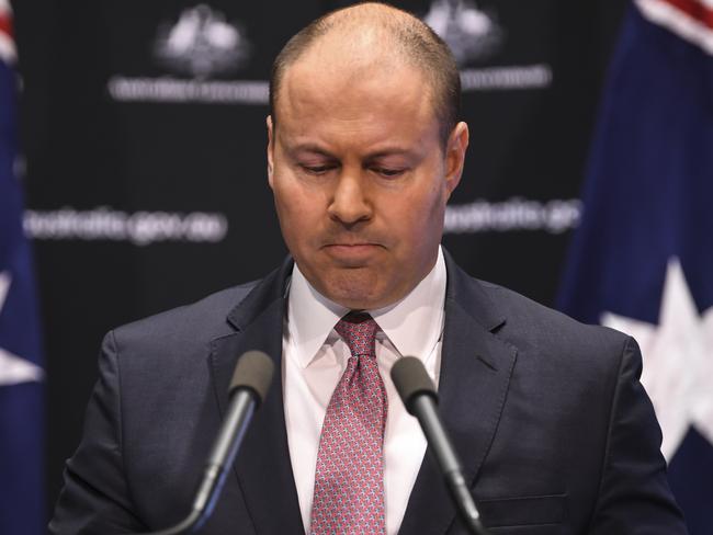 Australian Federal Treasurer Josh Frydenberg speaks to the media during a press conference at Parliament House in Canberra, Wednesday, June 3, 2020. The Australian Gross Domestic Product (GDP) fell 0.3% in the March 2020 quarter. (AAP Image/Lukas Coch) NO ARCHIVING