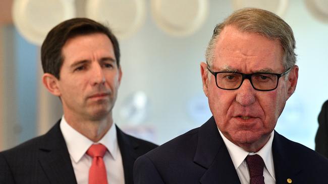 David Gonski and Education Minister Simon Birmingham at Ermington West Public School in Sydney on Monday. Picture: AAP