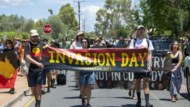 Invasion Day protesters march down Stuart Terrace during the Alice Springs Invasion Day Rally..Picture: Mark Brake