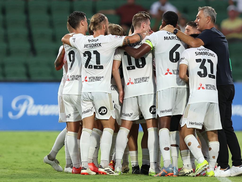 Wanderers coach Marko Rudan (right) celebrates with his players after Lachlan Brook’s winning goal. Picture: Paul Kane/Getty Images