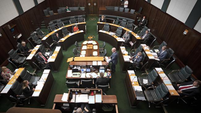 The state’s MPs practise social distancing during Question Time last month. Picture: CHRIS KIDD