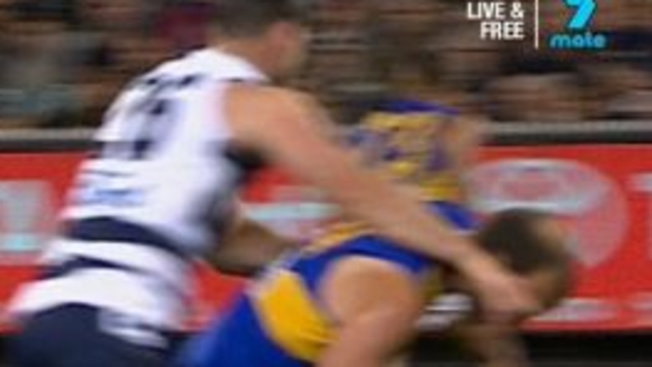 Hawkins makes contact with Schofield’s head. Picture: Channel 7