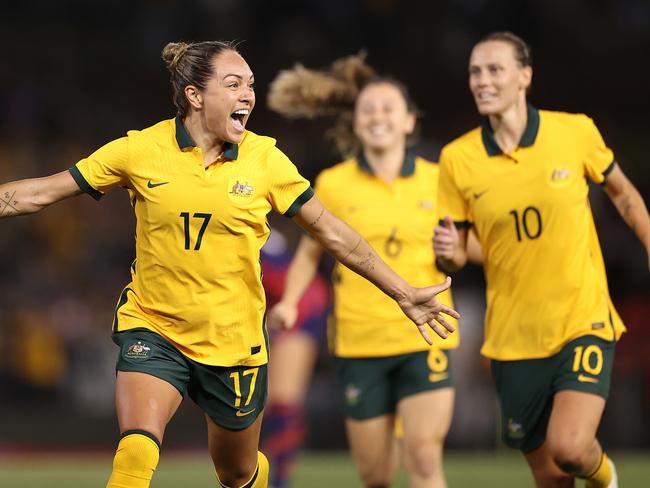 NEWCASTLE, AUSTRALIA - NOVEMBER 30: Kyah Simon of the Matildas celebrates scoring her team's only goal during game two of the International Friendly series between the Australia Matildas and the United States of America Women's National Team at McDonald Jones Stadium on November 30, 2021 in Newcastle, Australia. (Photo by Cameron Spencer/Getty Images) *** BESTPIX ***