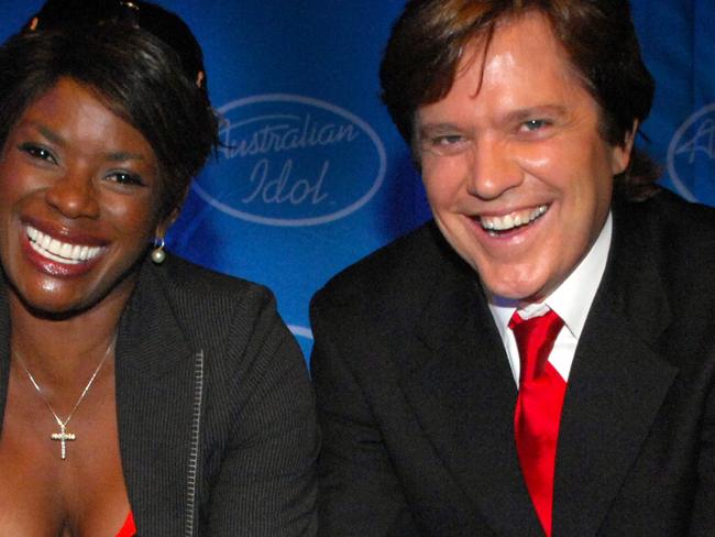 Australian Idol hosts Andrew G (L) and James Mattieson flank reality TV show judges Marcia Hines and Mark Holden at Channel Ten's (10) 2008 programing launch at Horden Pavillion, Moore Park in Sydney.