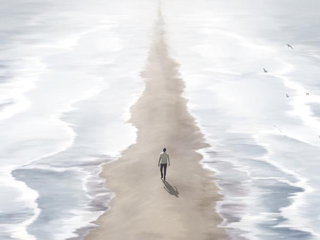 Illustration of man walking in the beach between two blue seas, surreal abstract path concept