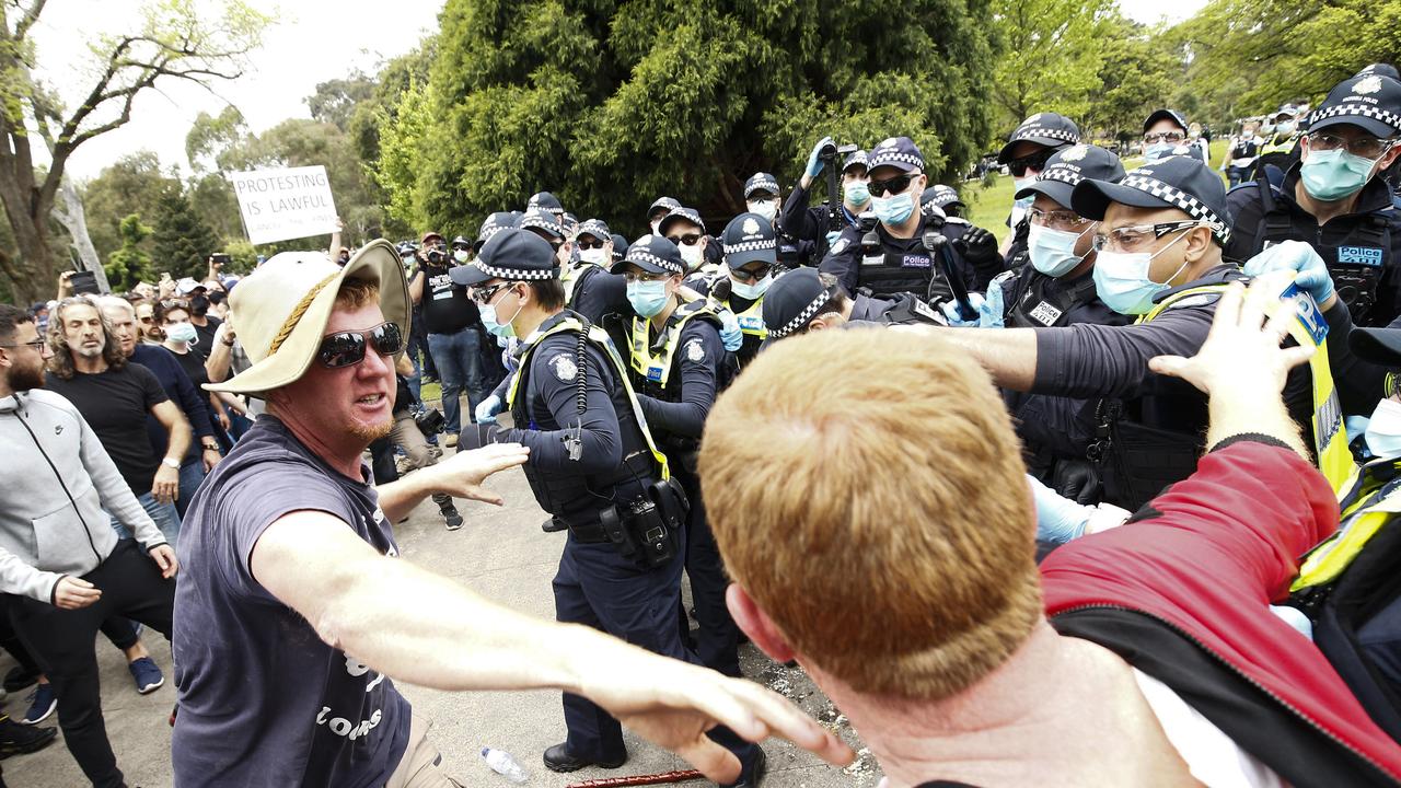 Protesters clash with police at an anti-lockdown protest at the Shrine of Remembrance. Picture: NCA NewsWire / Daniel Pockett