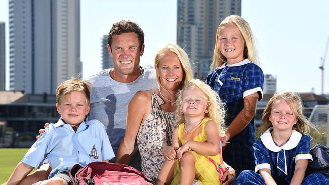 Andrew and Zoe Hawkins with their children Mac, 7, Harriet, 2, Isla, 8, and Mia, 5. Picture: AAP image, John Gass