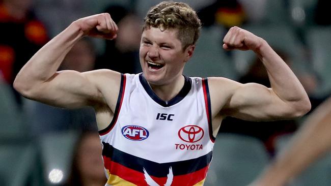 Double pythons out for young gun Harry Schoenberg after a stunning goal. Picture: AFL Photos/Getty Images