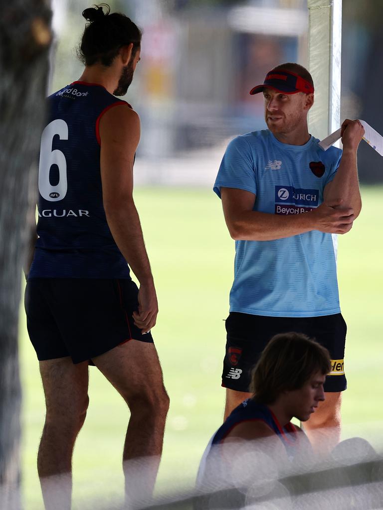 Melbourne coach Simon Goodwin and Grundy weren’t always on the same page. Picture: Michael Klein