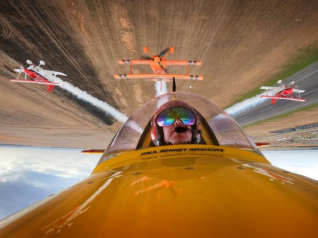 Avalon 2023 International Airshow Saturday. Paul Bennet Airshows Skyaces acrobatic team in action over Avalon with Paul Bennet at the controls upside down.                      Picture: David Caird