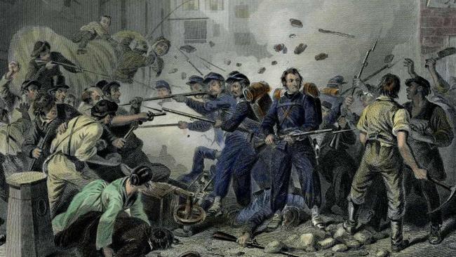 History: Illustration showing riots attacking the Massachusetts militia marching through Baltimore