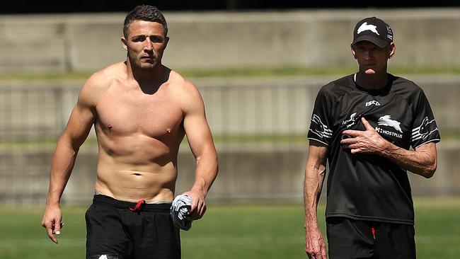 Sam Burgess with former coach Wayne Bennett at South Sydney Rabbitohs training. Picture. Phil Hillyard