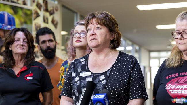 Australian Nurses and Midwifery Federation NT branch secretary Cath Hatcher speaking at an Unions NT press conference celebrating the abolished four year wage freeze. Picture: Floss Adams.