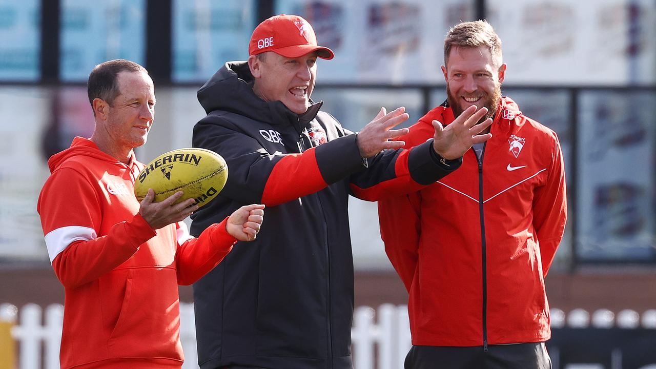 Sydney Swans assistant coach Don Pyke (left) with head coach John Longmire and fellow assistant Jeremy Laidler. Picture: Michael Klein