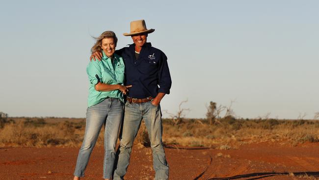 Jacinta Cullen with her husband, Brendan, on the 60,000ha sheep and cattle where they live and work near Broken Hill. Picture: Jonathan Ng