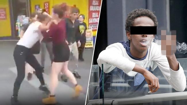 Teenage girls fight in a Blacktown shopping centre and right, a teen smokes and makes rude gestures.