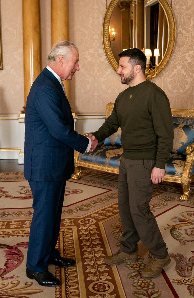 King Charles greets Ukrainian President Volodymyr Zelenskyy. Picture: Getty Images