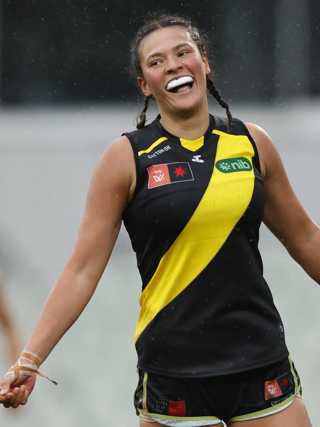 Poppy Kelly of Richmond celebrates a goal. Picture: Darrian Traynor/AFL Photos/via Getty Images