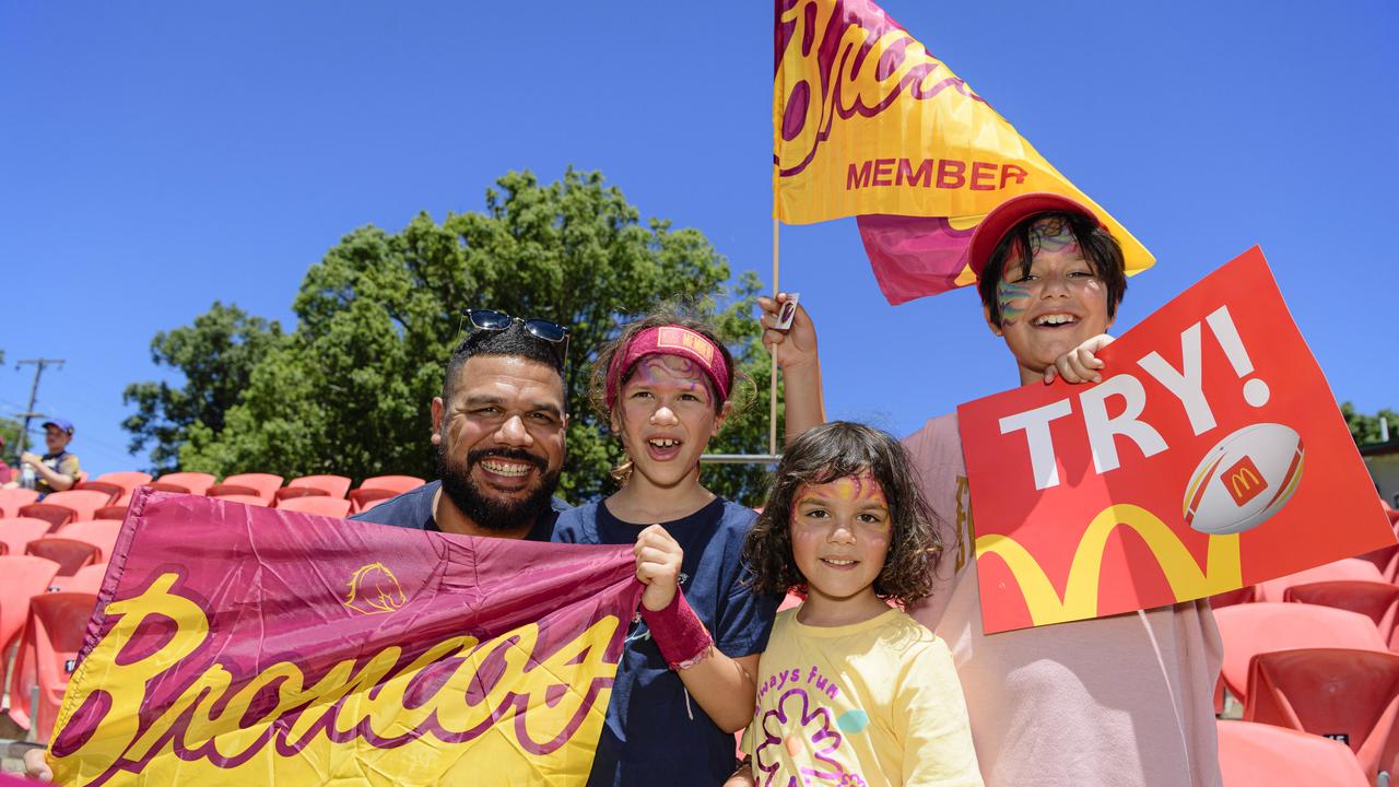 Jeremy Jerome with his kids (from left) Elli-Rose, Nell and Eadie Jensen at the NRL Pre-Season Challenge game between Broncos and Titans at Toowoomba Sports Ground, Sunday, February 16, 2025. Picture: Kevin Farmer