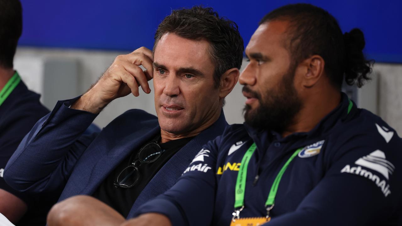 NSW Blues coach Brad Fittler and Eels and Blues forward Junior Paulo. Picture: Mark Kolbe/Getty Images