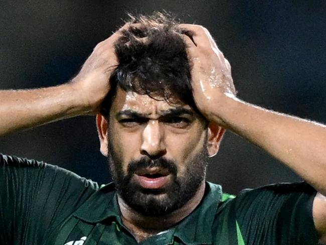 Pakistan's Haris Rauf reacts during the 2023 ICC Men's Cricket World Cup one-day international (ODI) match between Pakistan and South Africa at the MA Chidambaram Stadium in Chennai on October 27, 2023. (Photo by R.Satish BABU / AFP) / -- IMAGE RESTRICTED TO EDITORIAL USE - STRICTLY NO COMMERCIAL USE --