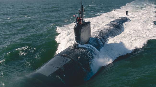 The Virginia-class attack submarine Montana (SSN 794) conducts initial sea trials in 2022 in the Atlantic Ocean. Montana is the 10th Virginia-class submarine. (US Navy photo courtesy of HII by Ashley Cowan)