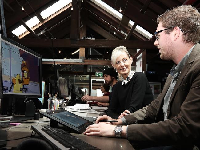 Arts Minister Elise Archer with Blue Rocket Production Associate Producer Paul Moran. Picture: LUKE BOWDEN