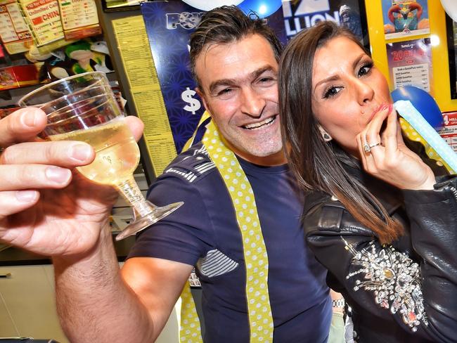 Scale lotto and news shop 6 90-106 Sydney road Brunswick  Lotto store owners Sam Misiano and wife Cristina Misiano celebrate. They sold the winning $50 million ticket that was claimed today. Picture: Tony Gough