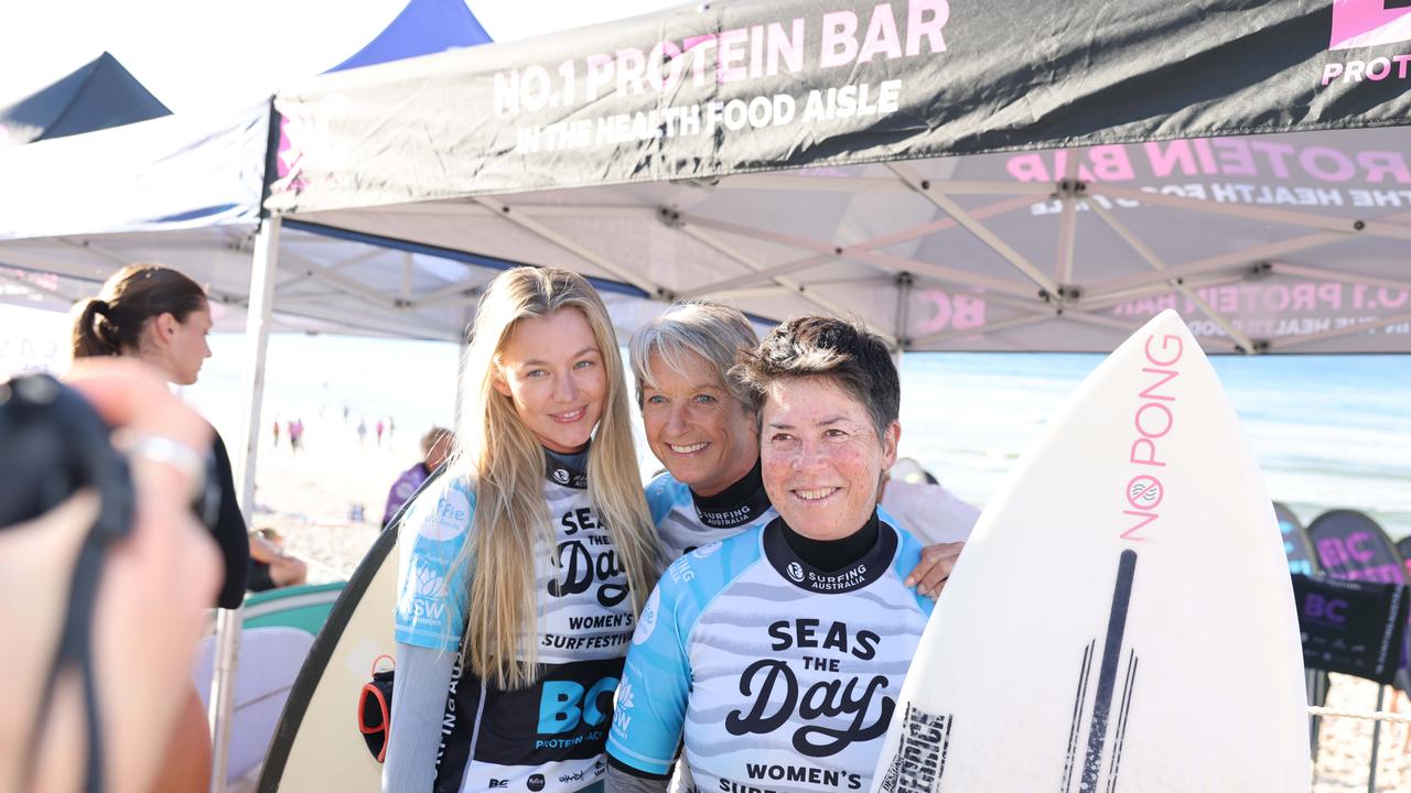 Imogen Caldwell, Layne Beachley and Pauline Menczer at Seas The Day Womens Surf Festival at Kingscliff for Gold Coast at Large. Picture, Portia Large.