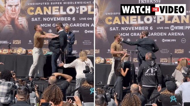 Canelo Alvarez and Caleb Plant throw punches as press conference explodes