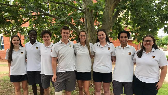 Wagga High School team: L-R – Maisy Condon (leader), Kipchumba Langat (leader), Thomas Prescott (vice-captain), Conrad Eyles (captain), Leila Wadley (captain), Megan Mundy (vice-captain), Pierre Pastor (leader), Belinda Denison (leader)