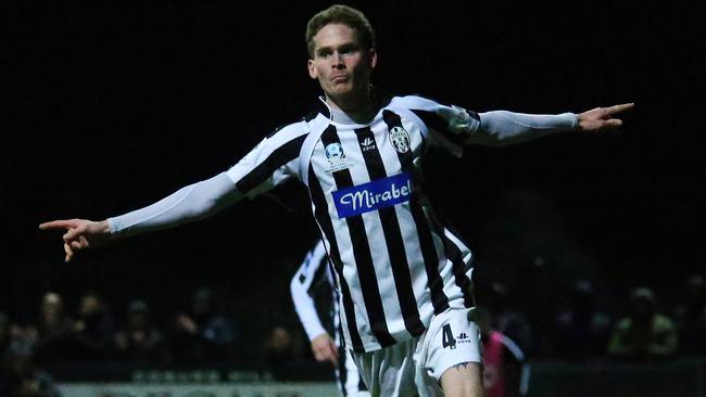 MELBOURNE, AUSTRALIA - AUGUST 21: Tremayne Sadler of the Zebras celebrates after scoring a goal during the FFA Cup Round of 16 match between the Moreland Zebras FC and Magpies Crusaders FC at CB Smith Reserve on August 21, 2019 in Melbourne, Australia. (Photo by Mike Owen/Getty Images)