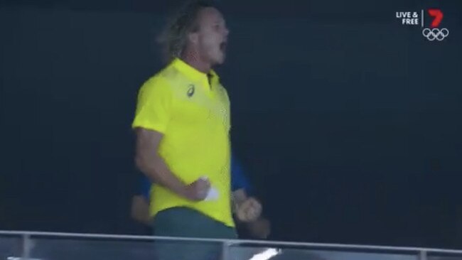 Ariarne Titmus wins Olympic gold in the 400metre freestyle event. Her coach, Dean Boxall, celebrates in the stands. Picture: Channel 7