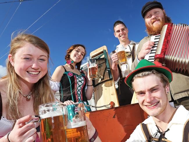 launch of Oktoberfest at Princes Wharf. Hannah Todd, left, Mikaela Felberg, Josh Lovell, Carter Harris and Dave Elliston