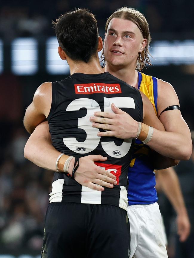 Nick Daicos and Harley Reid embrace after the game. (Photo by Michael Willson/AFL Photos via Getty Images)