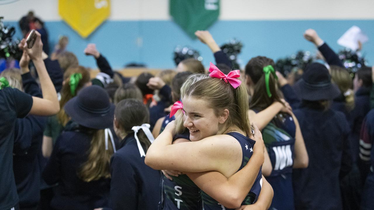 St Ursula's Senior A celebrate after defeating Downlands First VII to claim the Merici-Chevalier Cup in netball at Salo Centre, Friday, July 19, 2024. Picture: Kevin Farmer