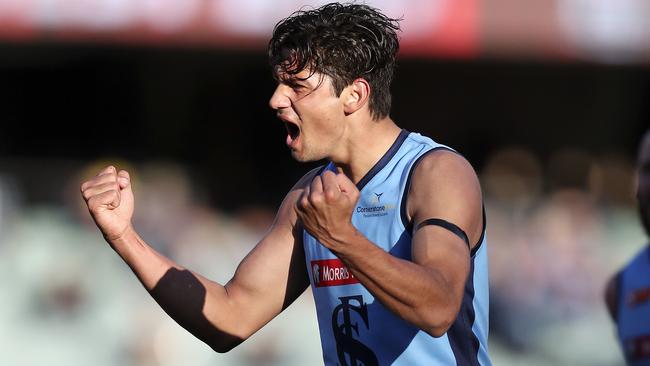 Shane McAdam celebrates a goal for Sturt during the SANFL finals. He will get to live out his AFL dream at the Crows next season. Picture Sarah Reed