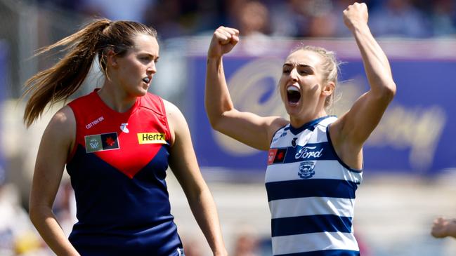 MELBOURNE, AUSTRALIA - NOVEMBER 19: Amy McDonald of the Cats celebrates a goal during the 2023 AFLW Second Semi Final match between The Melbourne Demons and The Geelong Cats at IKON Park on November 19, 2023 in Melbourne, Australia. (Photo by Dylan Burns/AFL Photos via Getty Images)