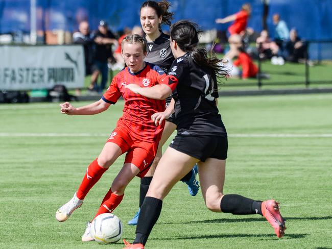 AUGUST 22, 2021: WomenÃs soccer tournament at Angle Park. Under-17 Cup final - Adelaide University Red v Football SA. Picture: Brenton Edwards