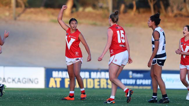 North Adelaide SANFLW star Hannah Ewings celebrates a goal earlier this season. <br/>Picture: SANFL