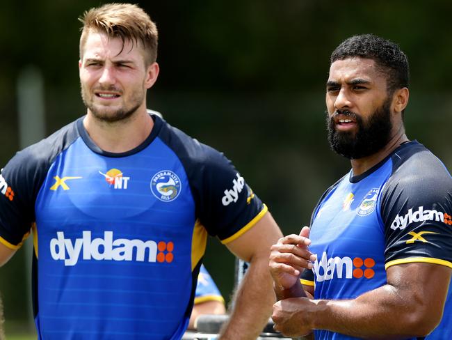 New Parramatta Eels signing Michael Jennings talks with Kieran Foran. Picture Gregg Porteous