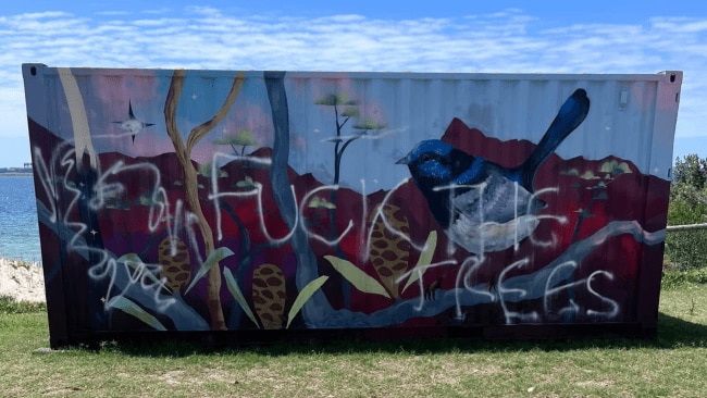 A vandalised shipping container in Brighton-Le-Sands. Image: Reddit.