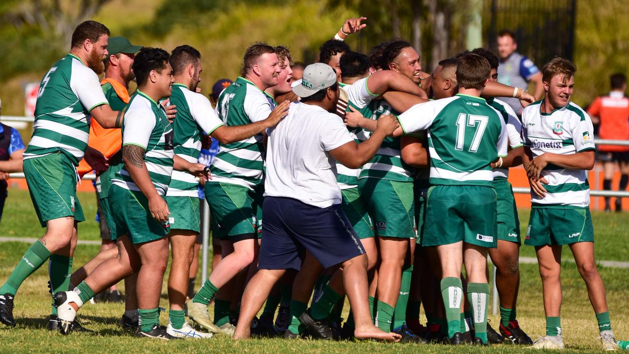 Ipswich Rangers players celebrate their nailbiting 33-32 Barber Cup elimination final victory over Springfield Lakes. Picture: Bruce Clayton